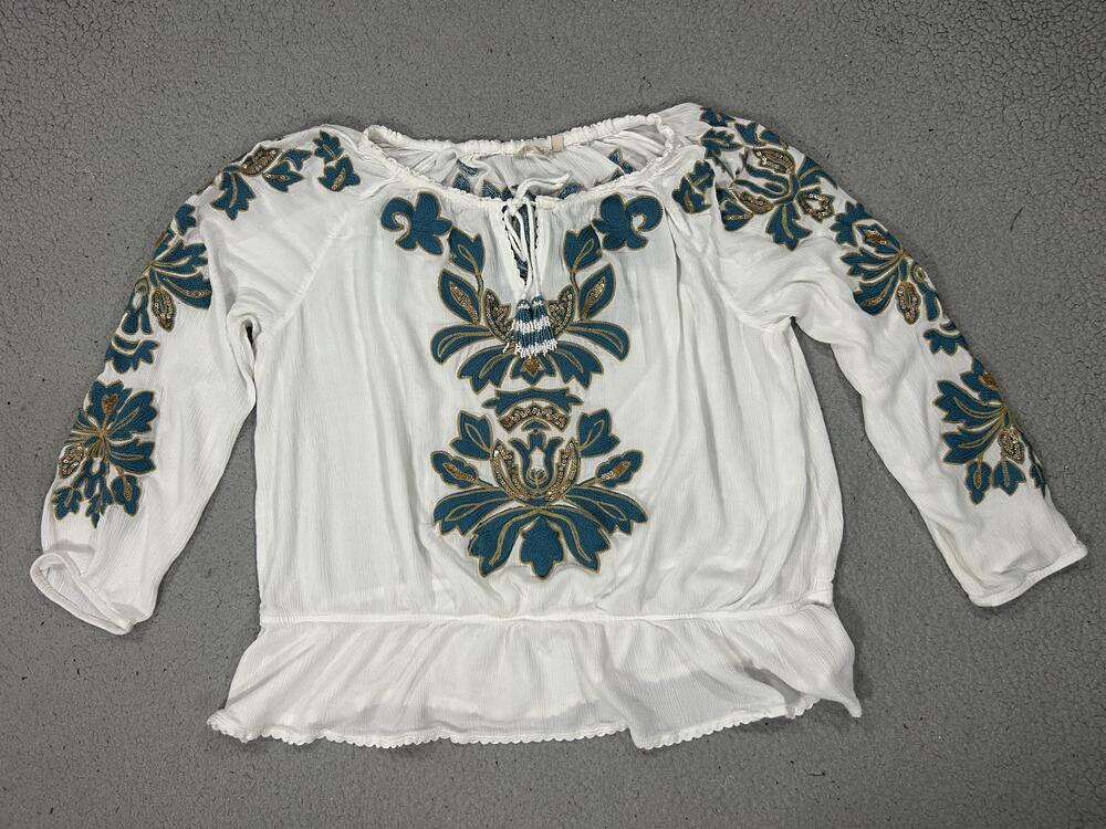 Soft Surroundings Tunic Top Womens 1X White Embroidered Beaded Floral Peasant